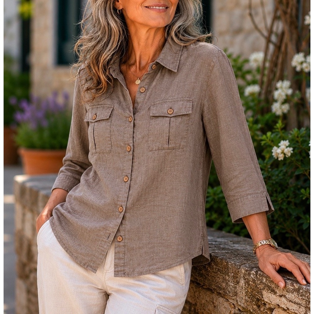 David Dart Womens Shirt Taupe Brown PL Linen Utility Button Down 3/4 Sleeve